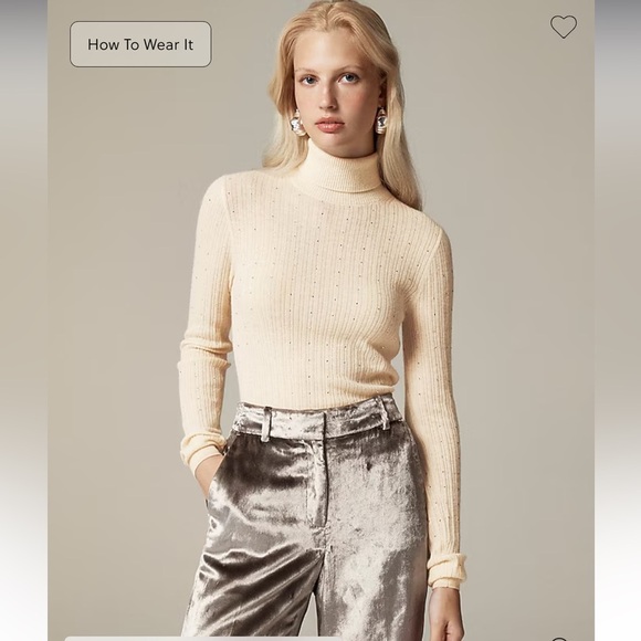 J crew Featherweight cashmere turtleneck sweater rhinestones buttercream XL - Picture 1 of 11